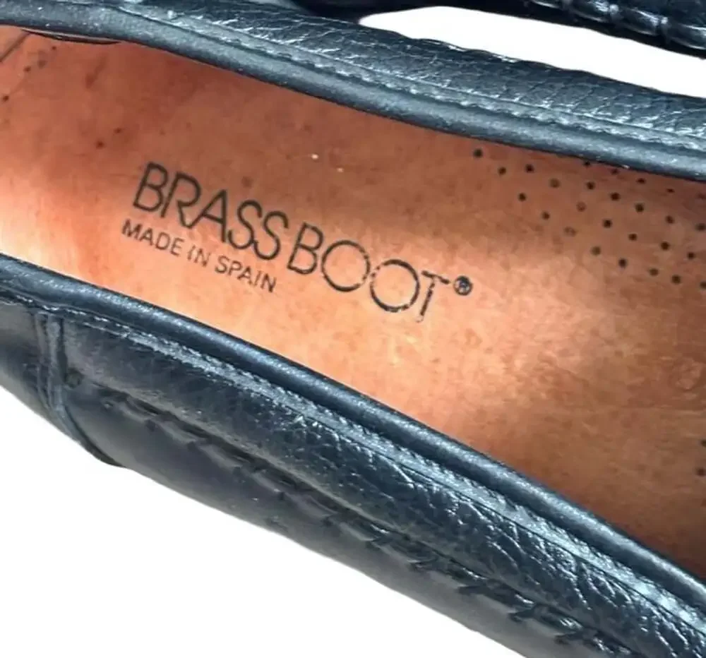 Brass Boot Tassel Loafers Size 10 Black Leather Slip On Shoes